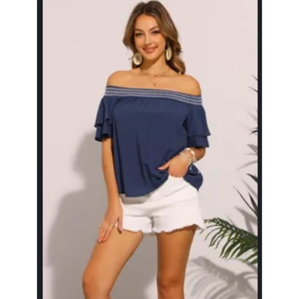 Boho Off-Shoulder Navy Blue Women's Top with Embroidered Neckline